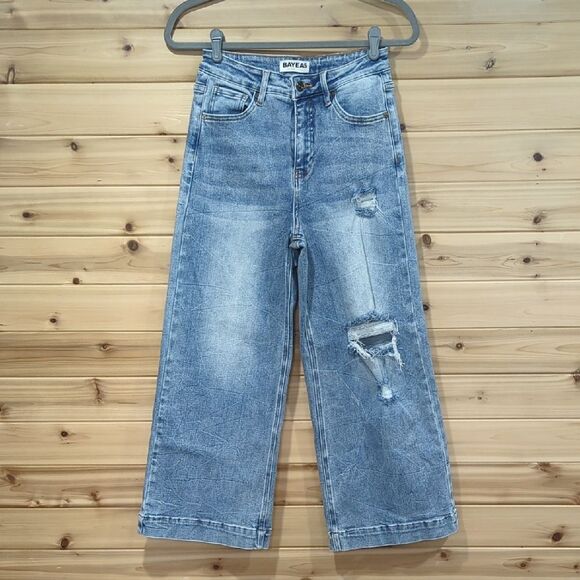 Bayeas Jeans Womens 26 High Rise Wide Leg Crop Light Wash Distressed - Picture 1 of 11